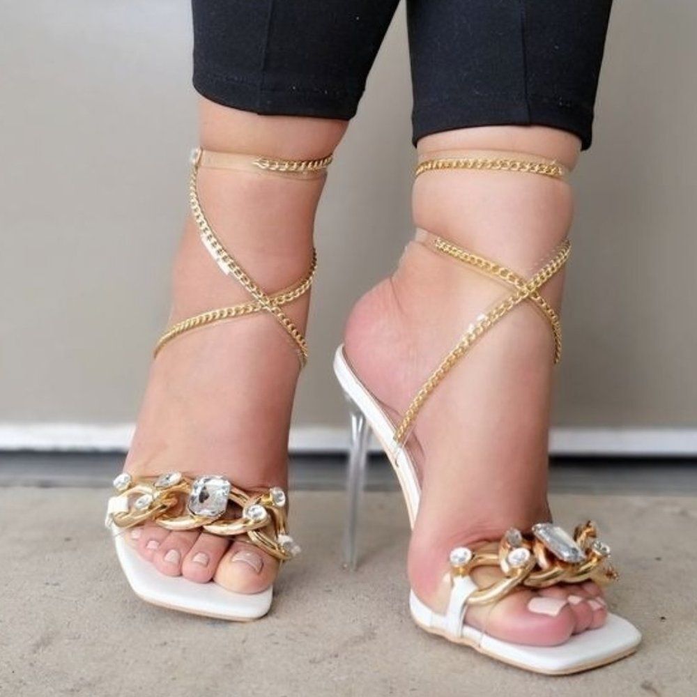 Elegant White Strappy Sandals Rhinestone Chain Open Square Toe Ankle Strap